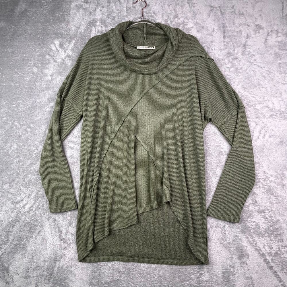 Chance or Fate Womens Olive Green Ribbed Cowl Neck Asymmetrical Tunic Top Medium